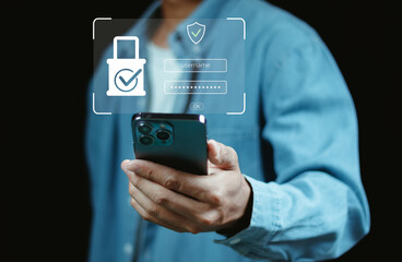 Businessman using smartphone with login authentication, password protection, cybersecurity shield, and digital security system for data protection, online privacy, and information safety.
