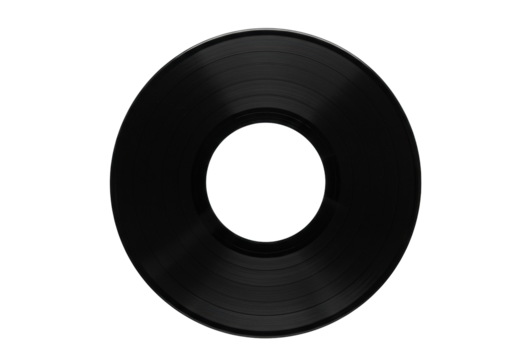 Pristine black vinyl record with a transparent label and visible grooves, flat lay on a transparent seamless background with ample copy space, concept of enduring quality and heritage.