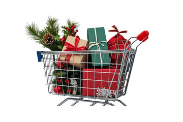 red shopping cart filled with colorful christmas gifts and pine branches, no background