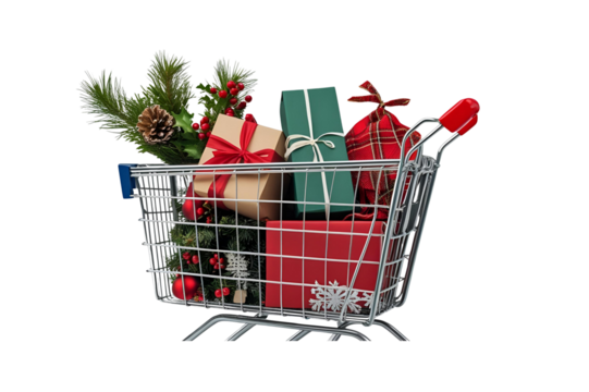 red shopping cart filled with colorful christmas gifts and pine branches, no background