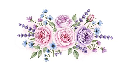 Beautiful watercolor rose bouquet with delicate pastels and greenery for elegant designs