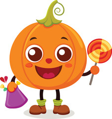 cute pumpkin character holding candy clean white.