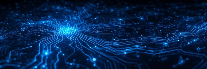Closeup of a blue circuit board, showcasing intricate electronic pathways and connections, representing modern technology and digital communication