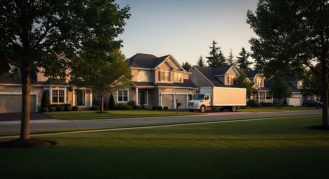 A moving truck parked in front of a house in a suburban neighborhood, representing relocation, new beginnings, and the excitement of moving to a new home