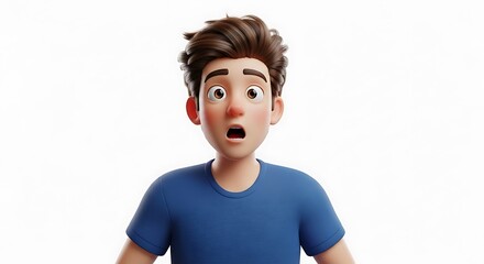 Cartoon character with surprised expression isolated on white background, showcasing wide eyes and open mouth, conveying shock and disbelief in a comical way
