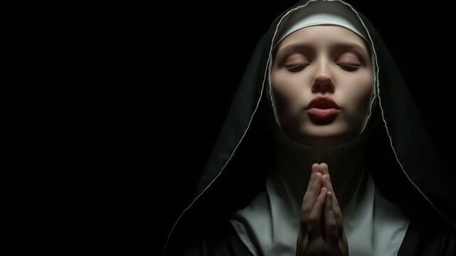 A youthful nun praying against a black backdrop