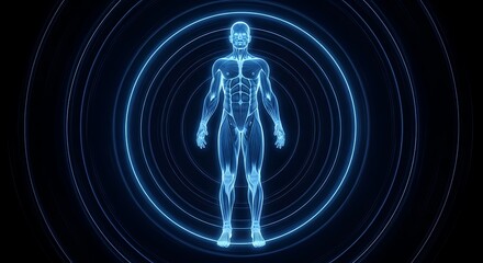 A futuristic human body scan with glowing blue lines and circles, representing advanced technology and medical science for health and diagnosis