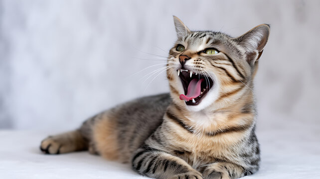 Yawning Tabby Cat: A close-up portrait captures a tabby cat mid-yawn, showcasing its open mouth and the details of its fur, paws, and expressive eyes.