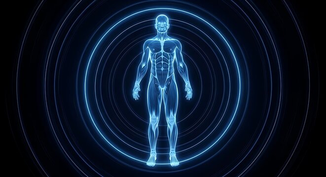 A futuristic human body scan with glowing blue lines and circles, representing advanced technology and medical science for health and diagnosis - Powered by Adobe