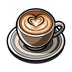 Elegant hot cappuccino coffee cup with creamy froth and latte art heart design vector illustration for café, menu, branding, decoration.