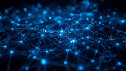 A captivating abstract network of blue dots and lines, representing the interconnectedness of data, technology, and communication in the digital age