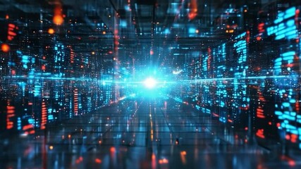 Futuristic digital tunnel with glowing blue light and data streams, representing a high-tech cyberspace environment. - Powered by Adobe
