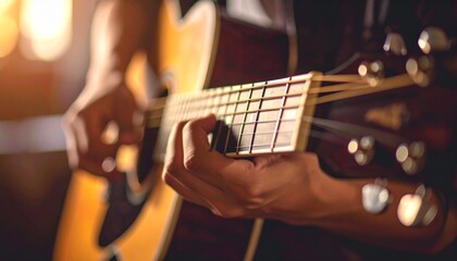 Fototapeta premium Close-up of a guitarist’s fingers skillfully playing a guitar with a bokeh background, captured in a cinematic shot with selective focus and dramatic lighting, highlighting musical artistry technique