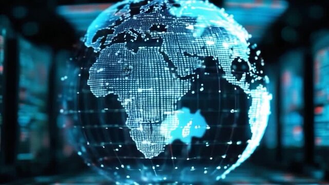 A glowing blue digital globe representing Earth with interconnected dots and lines, set against a dark, futuristic technological background.