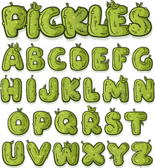 Alphabet font made of pickles, cartoon style, green textured letters, playful, whimsical, food themed typography, humorous graphic design element