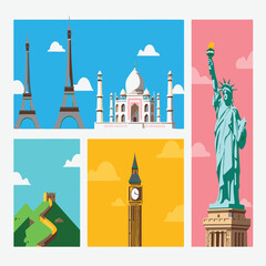 Fototapeta premium Set of famous European landmarks and monuments vector illustration including churches and iconic buildings