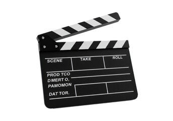 Pristine black film clapperboard with white markings, partially open, poised for action on a transparent studio background with copy space, soft lighting, high-contrast, concept of project initiation