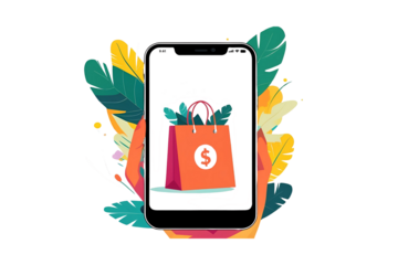 smartphone displaying a red shopping bag amidst vibrant abstract jungle foliage, no background