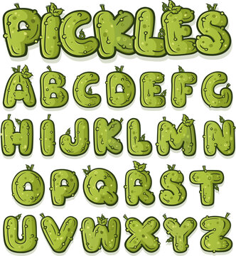 Alphabet font made of pickles, cartoon style, green textured letters, playful, whimsical, food themed typography, humorous graphic design element