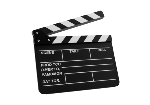 Pristine black film clapperboard with white markings, partially open, poised for action on a transparent studio background with copy space, soft lighting, high-contrast, concept of project initiation