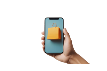 hand holding a smartphone displaying a small orange shopping bag, no background