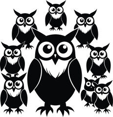 owl silhouette bundle multiple poses clean white.