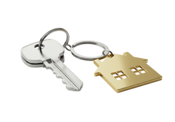 Two minimalist, highly polished silver keys and a sleek golden house keychain on a transparent surface, clean high-key studio environment, symbolizing homeownership and financial opportunity
