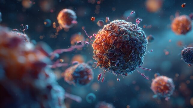 A highly detailed depiction of microscopic cells in vibrant colors, showcasing their complex structures in a dynamic and scientific environment.