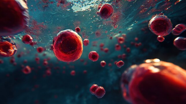 An abstract view of red cells suspended in a fluid environment, showcasing intricate details and a vibrant color palette.