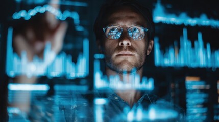 A focused individual analyzes digital data on a futuristic screen, showcasing high-tech visuals and graphs.