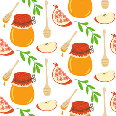 Seamless pattern with honey jars, apples, pomegranates and greenery in a festive hand drawn style. Symbolic food elements representing Rosh Hashanah and wishes for a sweet new year