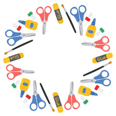 Colorful wreath made of school and craft supplies like scissors, glue, brushes and clips arranged in a circular frame. Creative education and DIY art concept with copy space for text or design