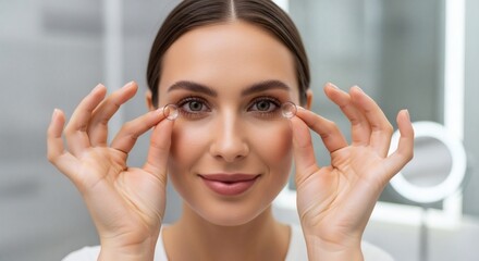 Smiling woman about to put in her contact lenses. She's holding them up close to her eyes with her fingers, with a mirror in the background.