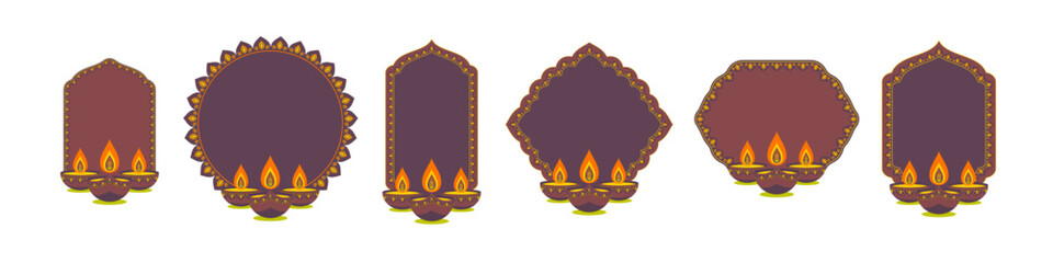 Set of Indian banners with diya for Diwali or Hindu traditional holidays. Empty frames decorated with pattern. Vector illustration.