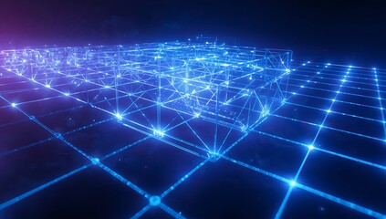 Fototapeta premium Abstract futuristic background with glowing blue grid and cube, representing network connection, data transfer, and modern technology in a digital world