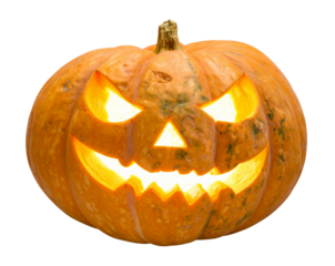 Distorted Pumpkin Face with Crooked Smile and Cracked Surface, Top-Down Perspective, isolated on transparent background PNG