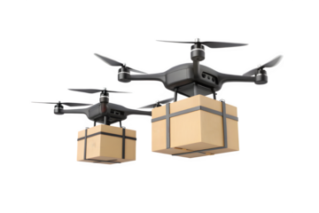 Two drones transporting boxes showcasing future drone delivery technology transparent background