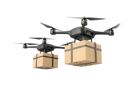 Two drones transporting boxes showcasing future drone delivery technology transparent background