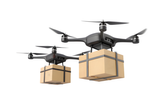 Two drones transporting boxes showcasing future drone delivery technology transparent background