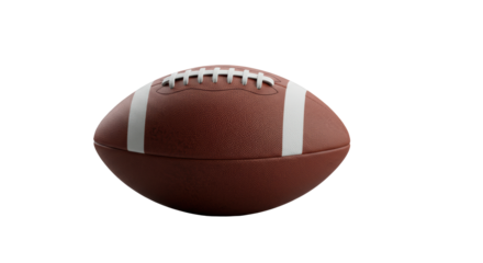 Brand-new regulation-size American football, rich deep brown leather, bright white laces, resting on polished concrete with neutral gray background, concept of strategic business planning and