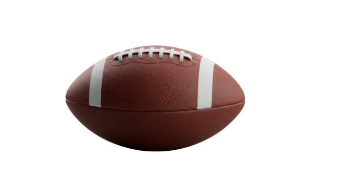 Brand-new regulation-size American football, rich deep brown leather, bright white laces, resting on polished concrete with neutral gray background, concept of strategic business planning and