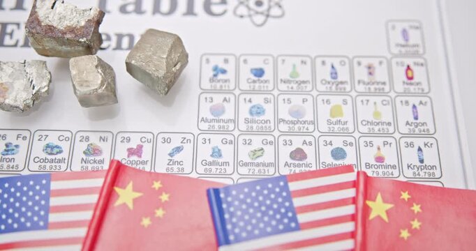 Rare-earth magnets, semiconductor material crisis, critical raw materials, U.S.&ndash;China trade war : Critical elements in the periodic table (e.g Gallium, Germanium), overlaid with US and Chinese flags.