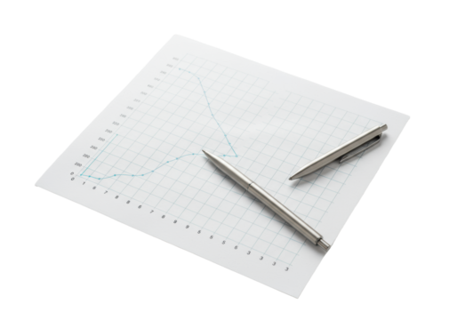Pristine blank graph paper with light blue lines, modern metallic pen, on a clean transparent background with copy space, soft diffused studio light, concept of strategic planning.