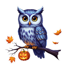 Fototapeta premium Cute blue owl with pumpkin on a branch, isolated on transparent background