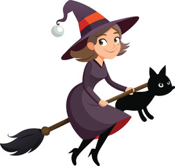 witch riding broom with black cat companion clea.