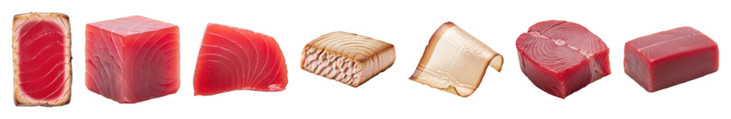 Tuna fish set including raw red, seared, blocks, and steaks isolated. Healthy seafood and culinary ingredient.