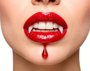 Naklejka premium Red Vampire Lips with Sharp Fangs and Blood Drip, Front View, isolated on transparent background PNG