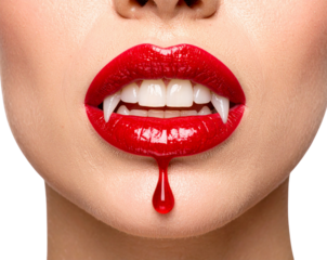 Red Vampire Lips with Sharp Fangs and Blood Drip, Front View, isolated on transparent background PNG