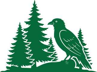 Green Raven Perched on Rock with Pine Trees bird crow