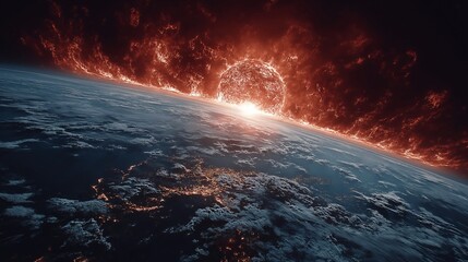 Fiery sun rises dramatically over Earth horizon, casting intense orange and red light across clouds and continents, evoking awe and cosmic wonder in cinematic, science fiction style